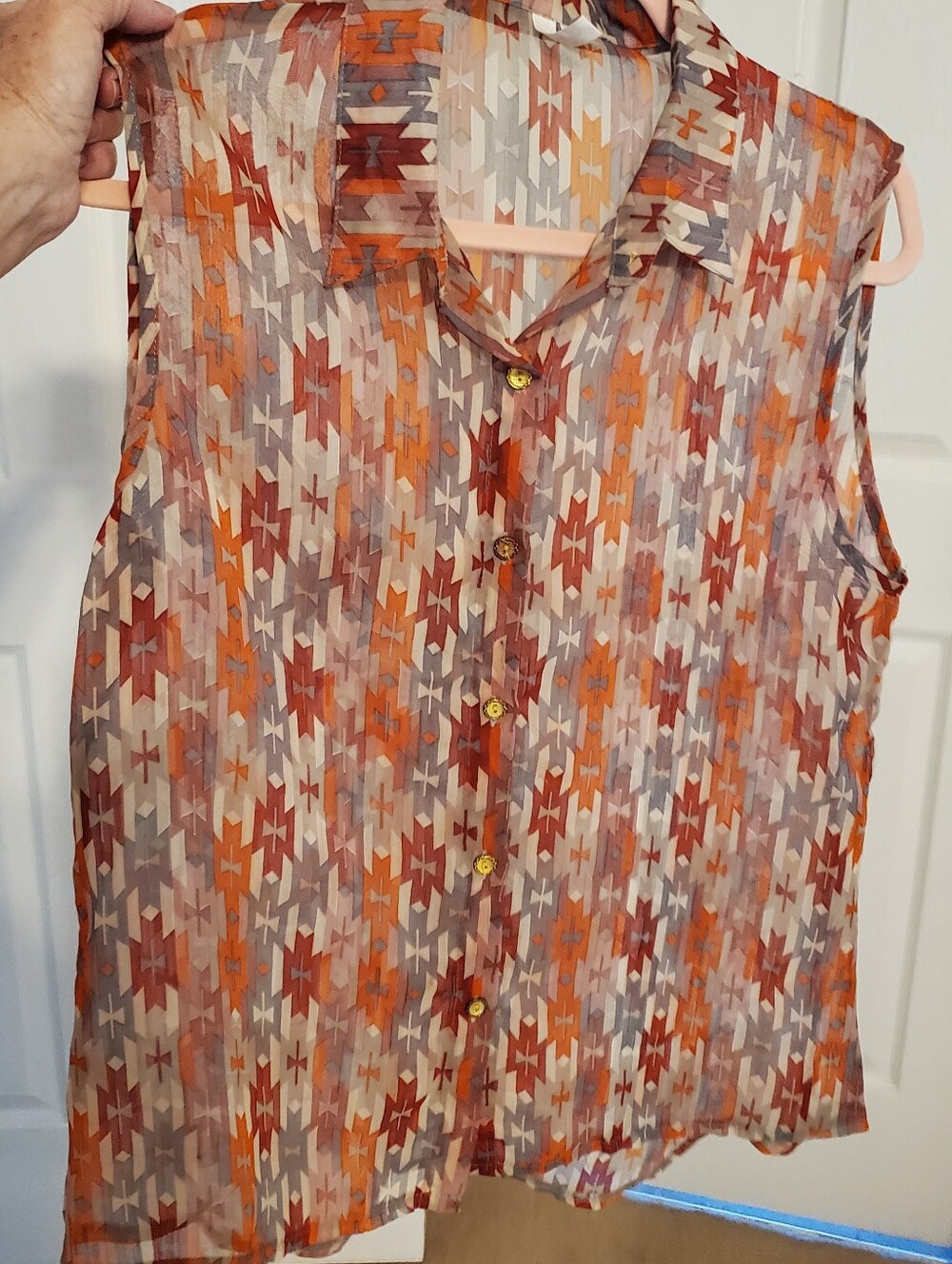 Women's M Semi-Sheer Sleeveless Button-Down Shirt Top